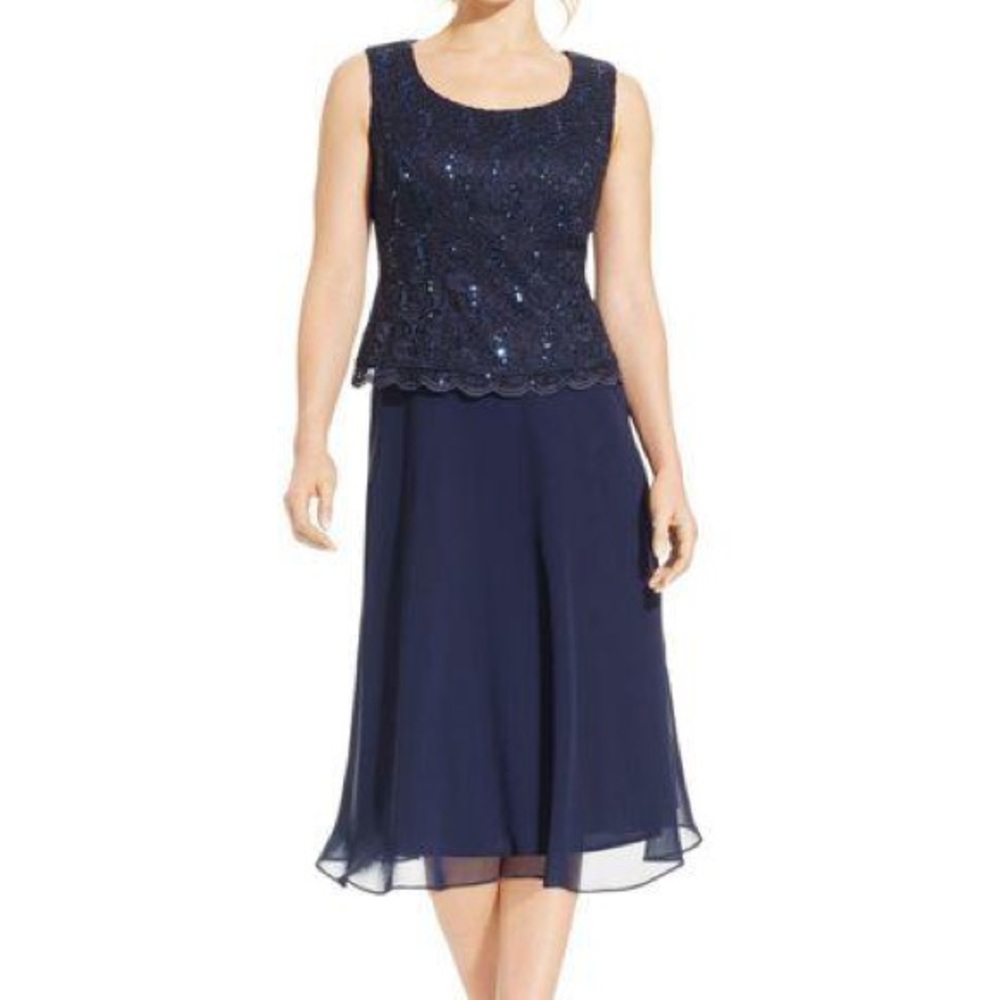 NWOT R&M Richards Navy blue sleeveless sequined A Line dress